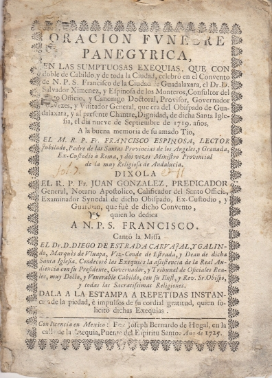 MEXICO Gonzales Juan Oracion funebre panegyrica el M R P