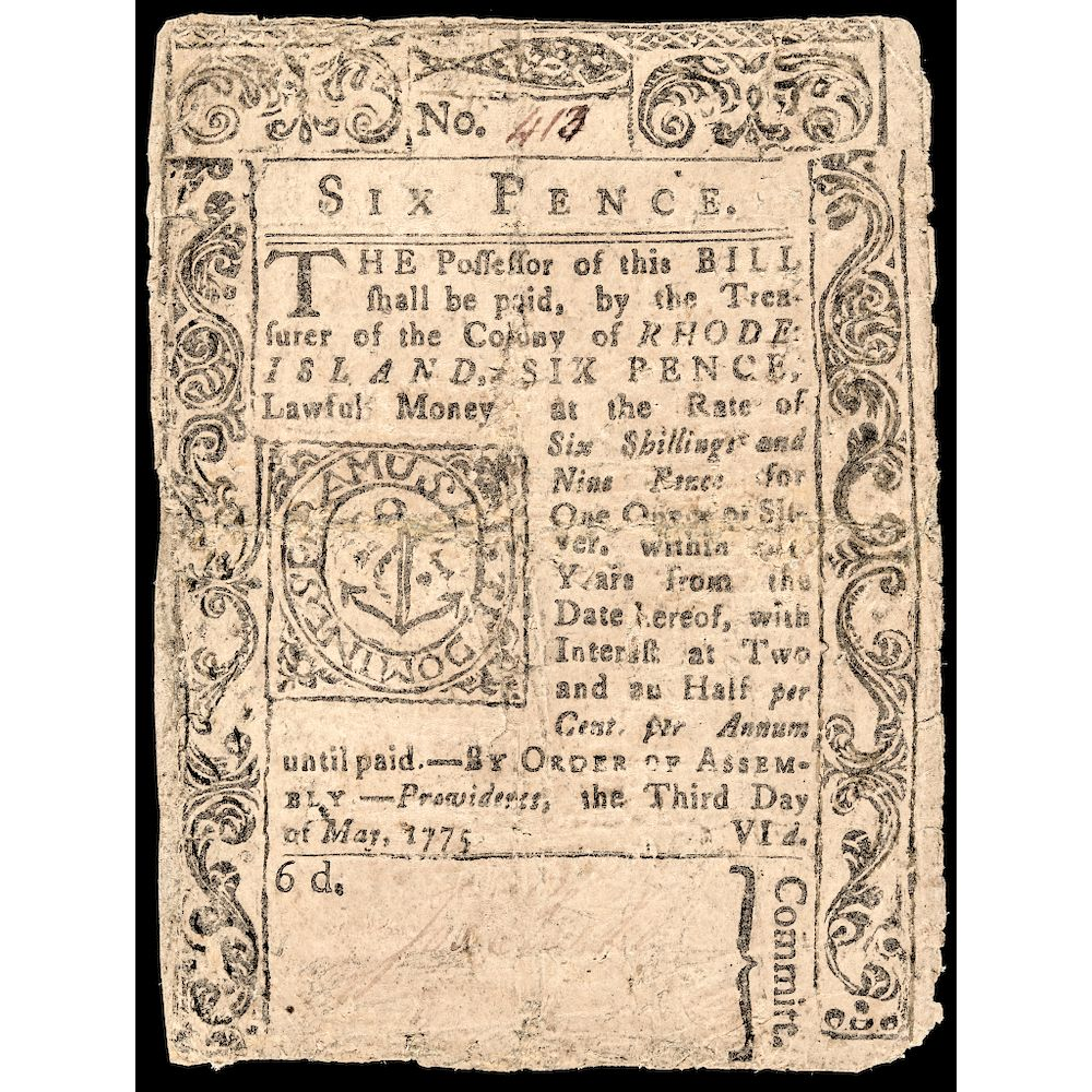 Colonial Currency Rhode Island May 3 1775 Six Pence Rare