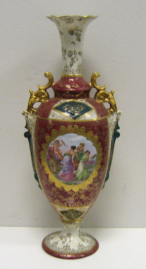 AUSTRIAN PORCELAIN DOUBLE HANDLED VASE Footed ovoid with floriform neck