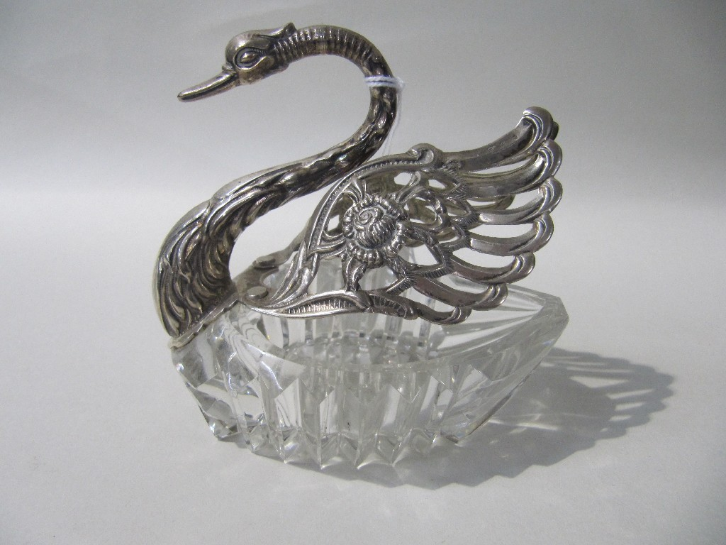 Continental silver and cut glass trinket dish modelled as a