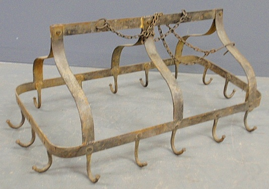Iron rectangular hanging butcher s rack 19th c with sixteen