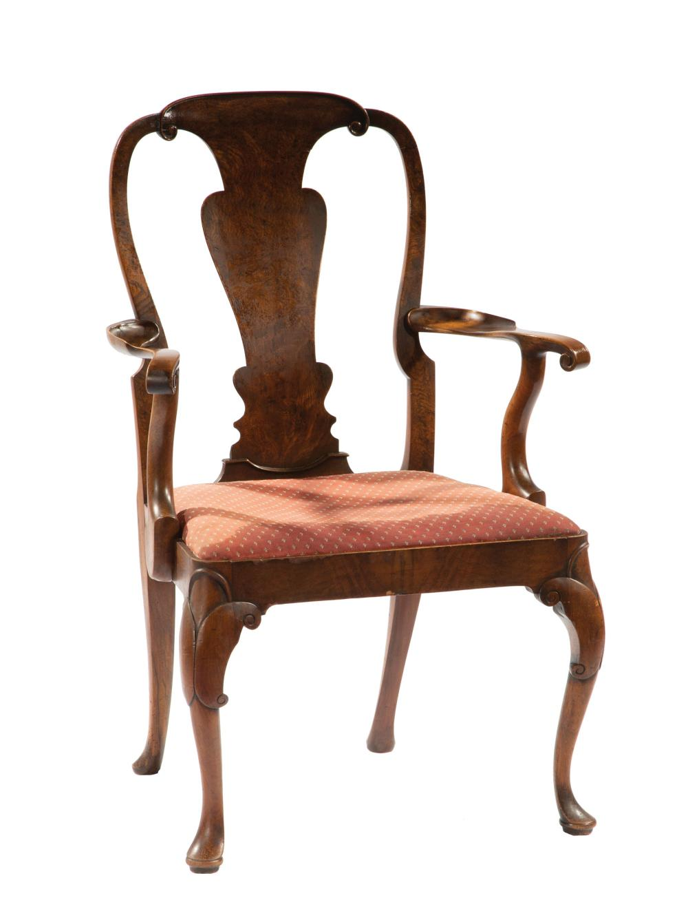Antique Queen Anne Style Carved Walnut Armchair scrolled crest rail