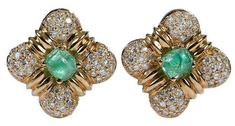 14kt Diamond Emerald Earrings each with one center cushion shaped