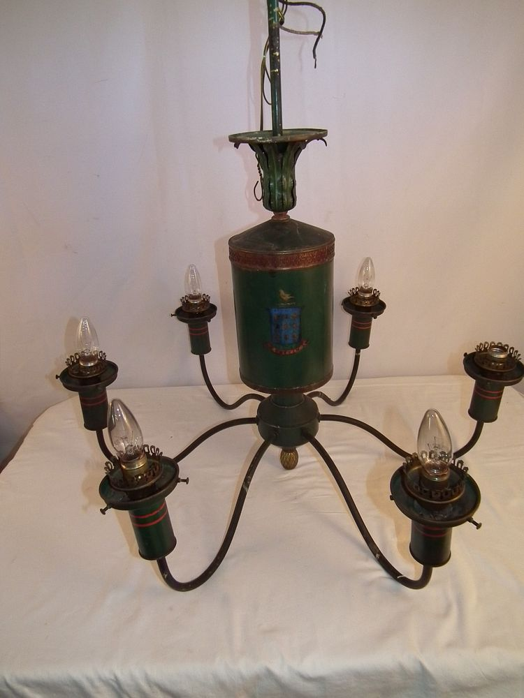 COFFIN HOUSE CHANDELIER Old decorated toleware 6 arm chandelier from