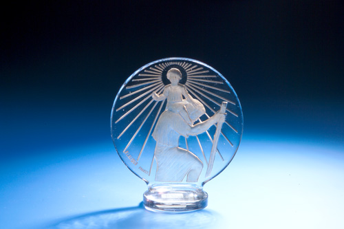 R LALIQUE Automobile hood ornament mascot Saint Christophe clear and