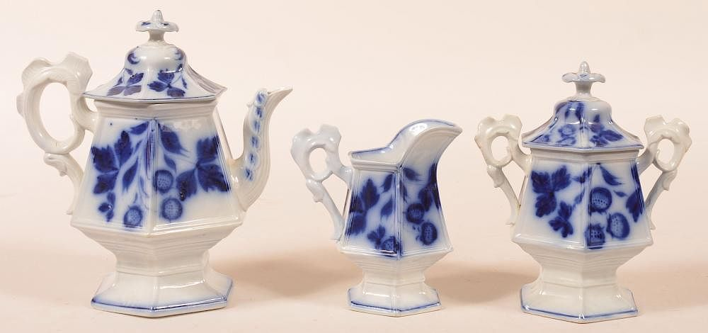Flow Blue Strawberry Pattern 3 Pc Coffee Set Flow Blue