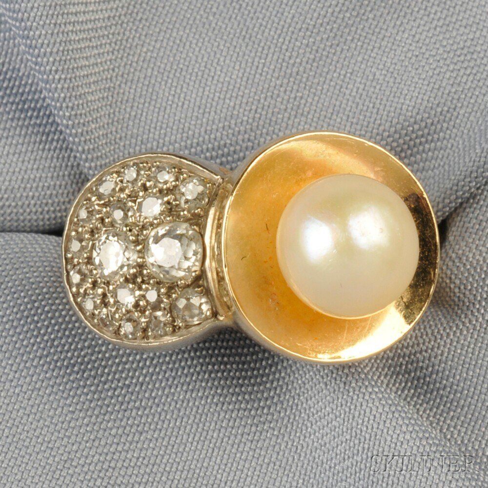 Retro Cultured Pearl and Diamond Ring set with a cultured