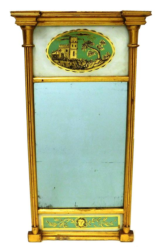 MIRROR 19th C Federal gilt wall mirror top reverse painted