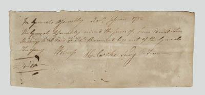 Esek Hopkins signed receipt hand written in brown ink In