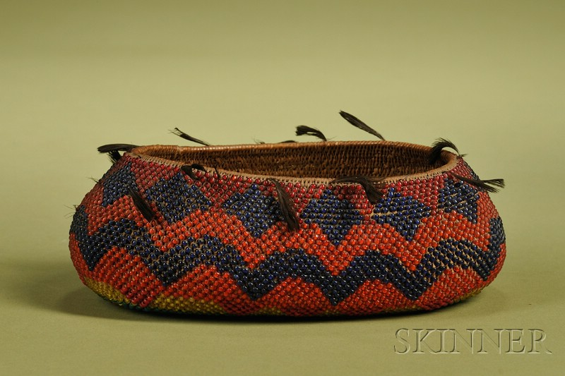 Small Pomo Beadwork and Feather Basketry Bowl first quarter 20th