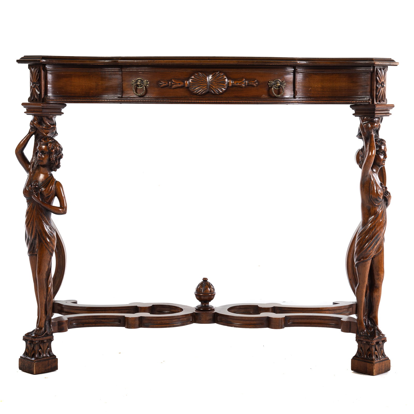 CONTINENTAL MAHOGANY FIGURAL CARVED CONSOLE TABLE 20th century shaped top