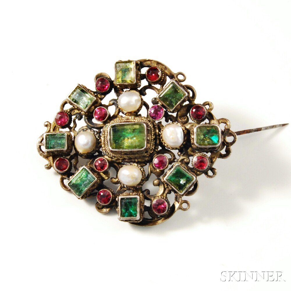 Silver Ruby Emerald and Pearl Brooch shield form set with