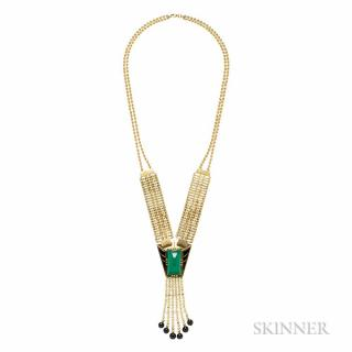 14kt Gold Onyx and Enamel Necklace centering a green onyx
