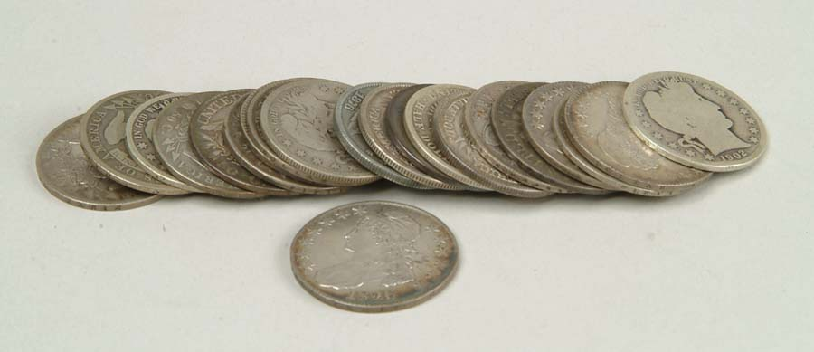 COINS LOT OF TWENTY TWO EARLY SILVER HALF DOLLARS Lot