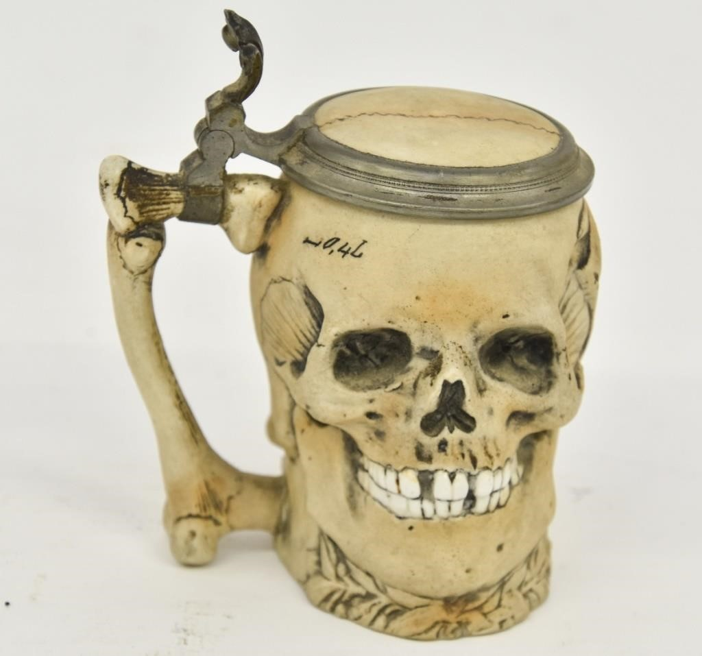 German porcelain skull stein with pewter hinge 0 4 liters