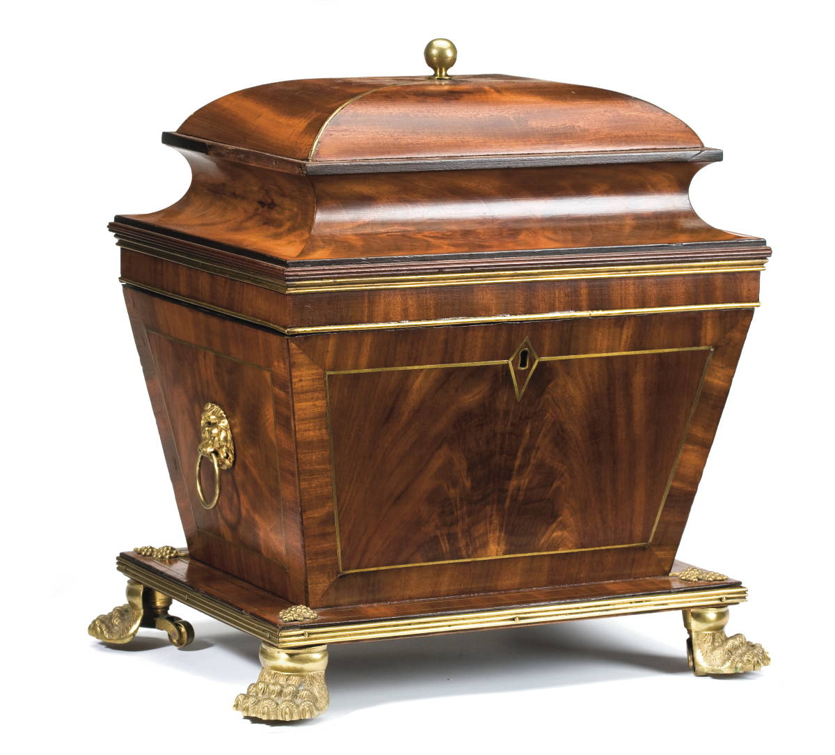 CLASSICAL MAHOGANY SARCOPHAGUS FORM KNIFE BOX WITH BRASS INLAY AND