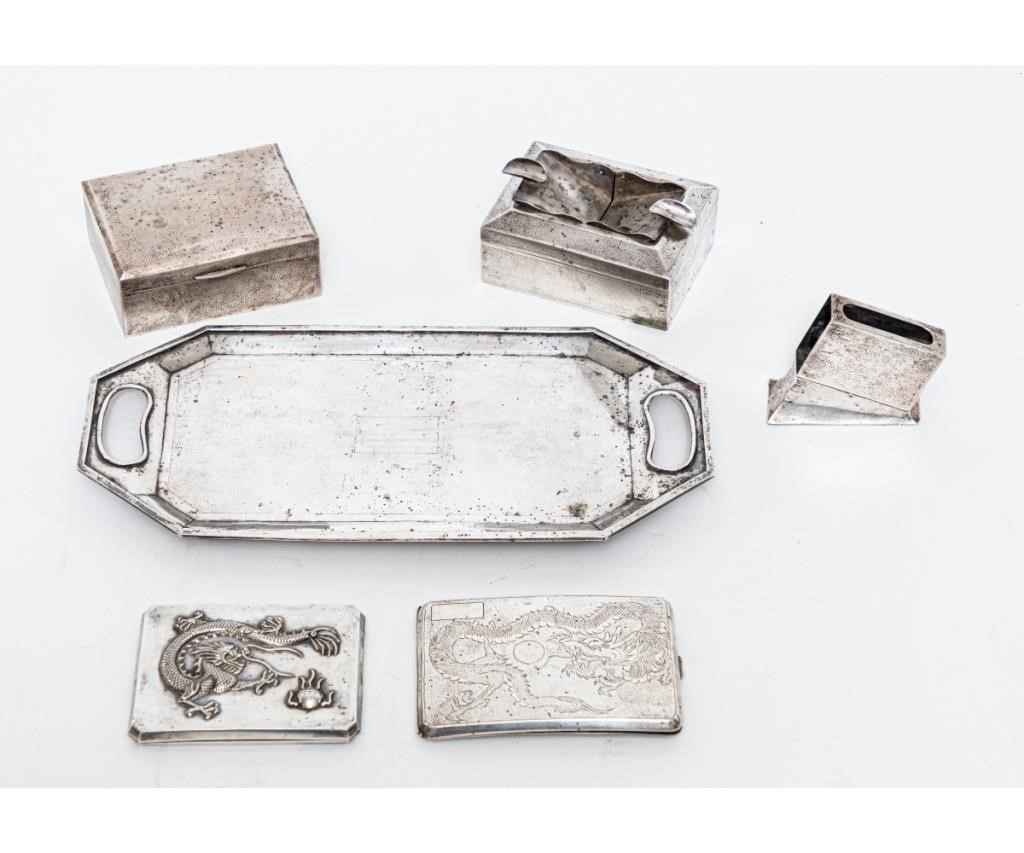 Chinese silver cigarette set to include a tray 12 x