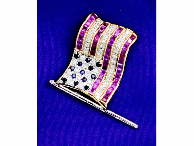 DIAMOND RUBY SAPPHIRE BROOCH 14k yellow gold brooch in American