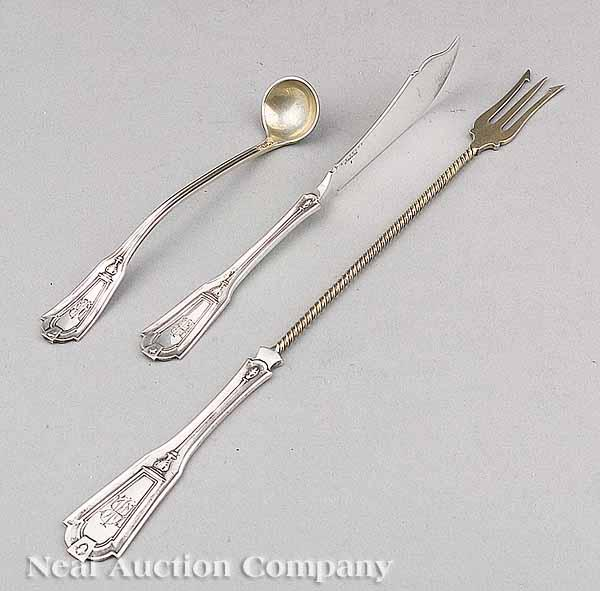 An American Sterling Silver Pickle Fork Butterknife and Mustard Ladle