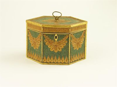 A George III rolled paper hexagonal tea caddy the panels