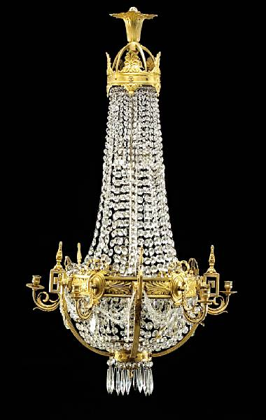 A Neoclassical style gilt bronze and glass five light chandelier