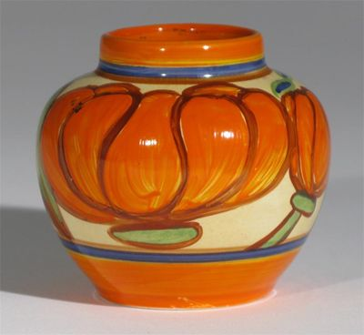 Orange Lily a Clarice Cliff miniature vase painted in colours