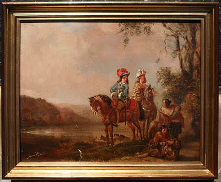 EARLY O C GENRE PAINTING WITH HORSES Oil on Canvas