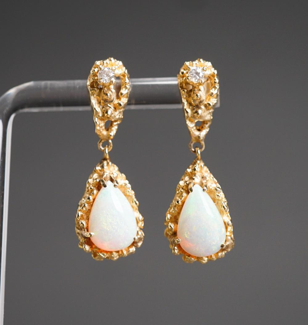 PAIR OF 14 KARAT YELLOW GOLD OPAL AND DIAMOND PIERCED