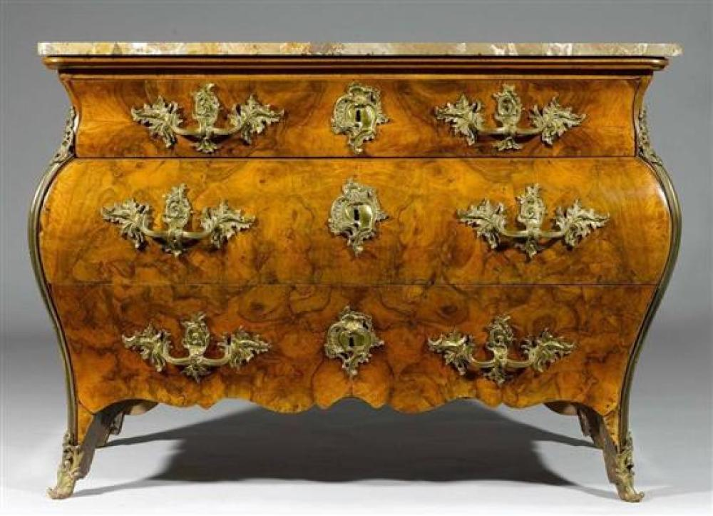 18th C Italian Rococo bombe commode with marble top walnut