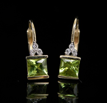 A Pair of Peridot and Diamond Earrings 10k yellow gold