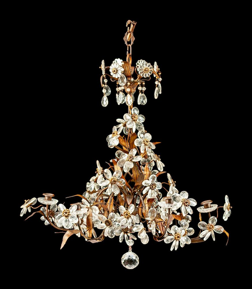 An Italian Wrought Iron and Cut Glass Six Light Chandelier