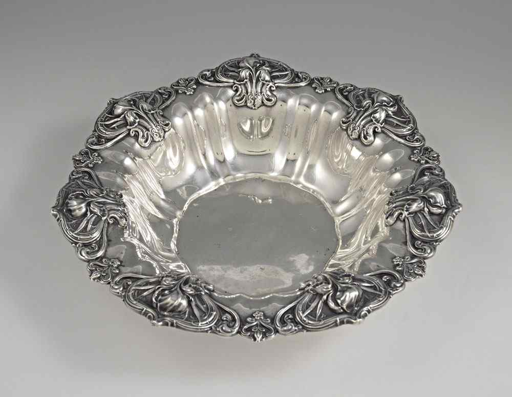 WHITING ART NOUVEAU REPOUSSE STERLING BOWL Repousse design of iris