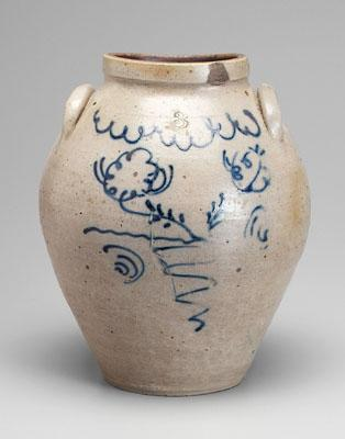 Salt glazed jar ovoid with impressed 3 cobalt flourishes and