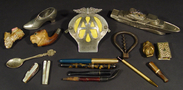 Collection of objects of vertu including a brass owl design