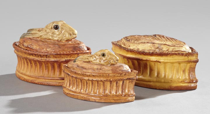 Group of Three French Glazed Pottery Game Pie Tureens in