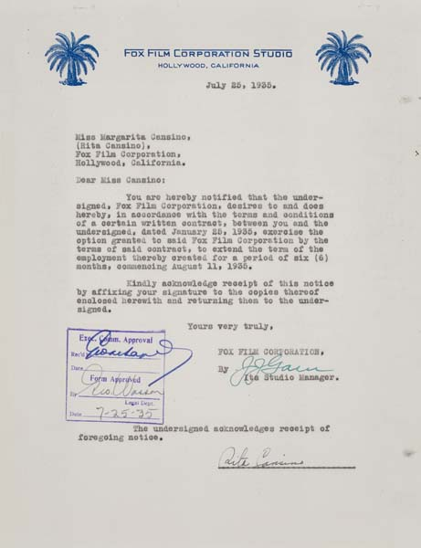 RITA HAYWORTH Typed letter signed as Rita Cansino acknowledging that