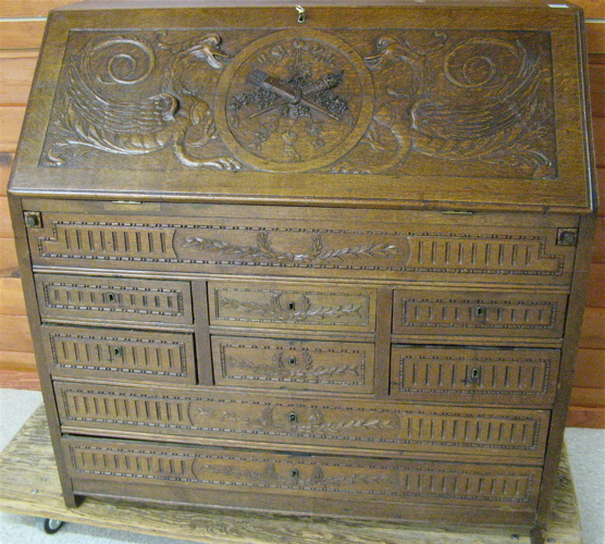 CARVED OAK SLANT FRONT SECRETARY Belgian mid 19th century The