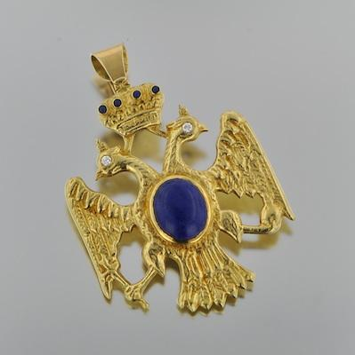 A Double Headed Eagle Pendant with Lapis and Diamonds Stamped