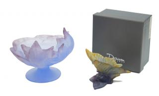2 DAUM FRANCE ART GLASS FLOWER BOWL BUTTERFLY lot of