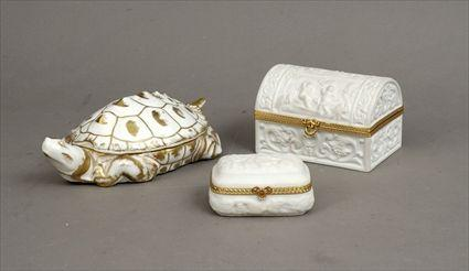 Two French Gilt Brass Mounted Biscuit Porcelain Covered Boxes Together