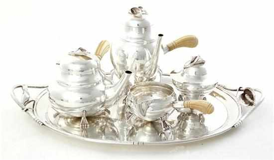 Aesthetic Movement sterling tea and coffee service with tray bulbous