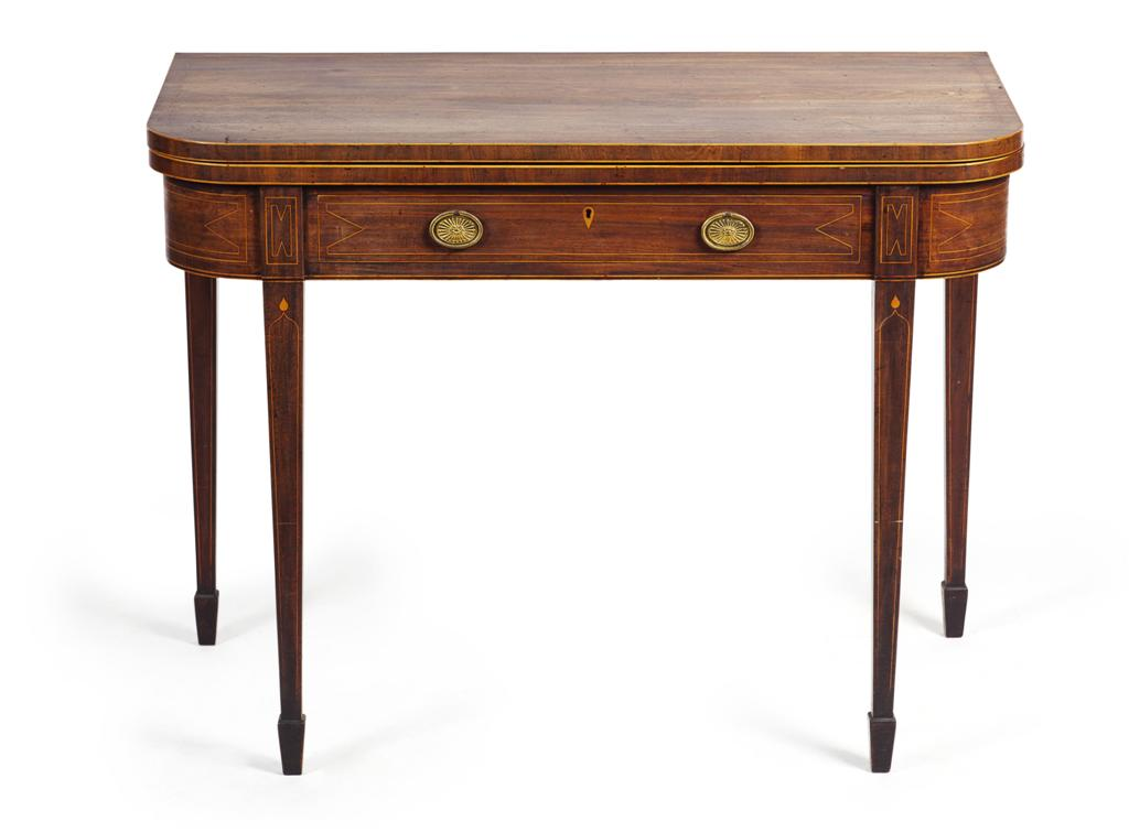 GEORGE III MAHOGANY AND INLAID FOLDOVER TEA TABLE LATE 18TH