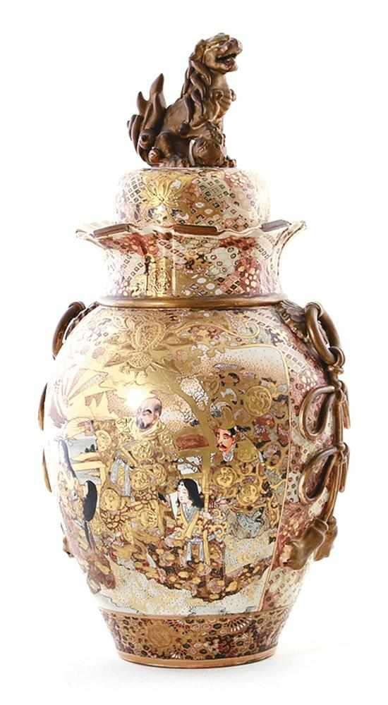 Japanese Satsuma earthenware covered urn early 20th century Foo lion
