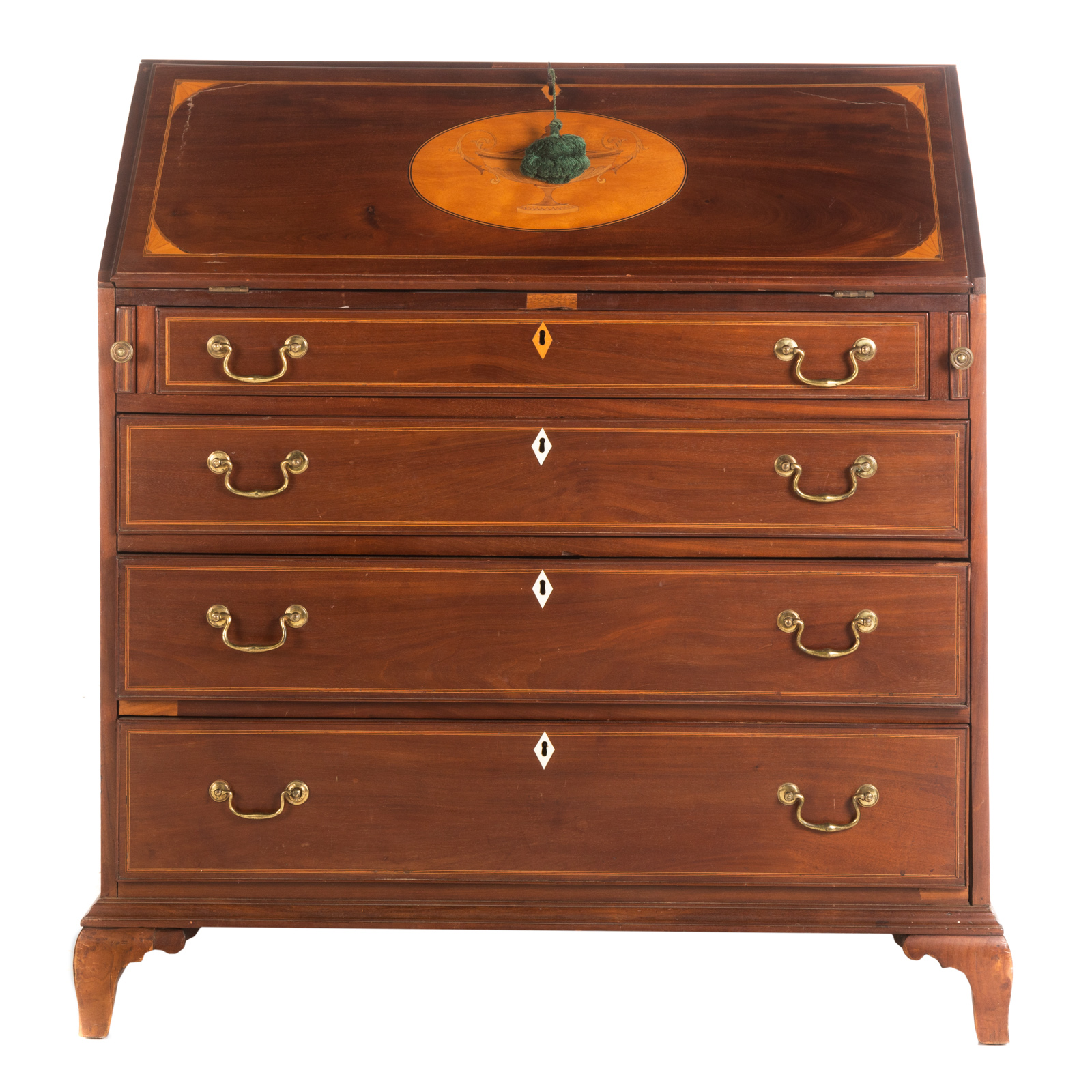 GEORGE III INLAID MAHOGANY SLANT FRONT DESK With elaborate urn