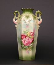 Floral Porcelain Vase ca 1915 Molded form with two handles