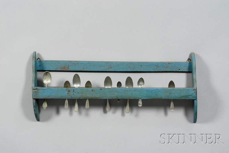 Blue painted Hanging Wooden Spoon Rack with Nine Pewter Spoons