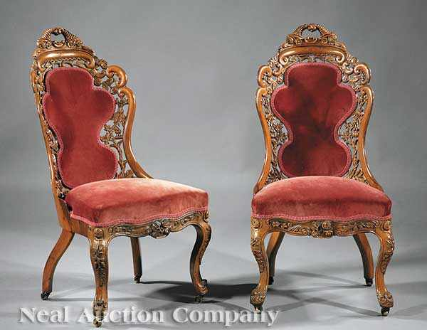 A Pair of American Rococo Carved and Laminated Rosewood Side
