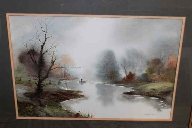 ANTHONY WALLER FISHING SCENE watercolour 7 x 23 a further