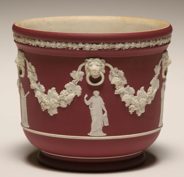 Wedgwood crimson dip jardiniere classical white figures and grapevine drapery