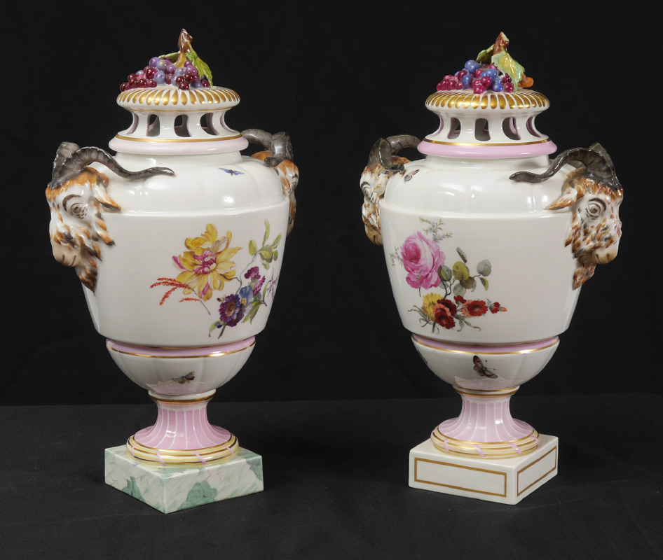 PAIR KPM PORCELAIN RAMS HEAD URNS Similar but not identical